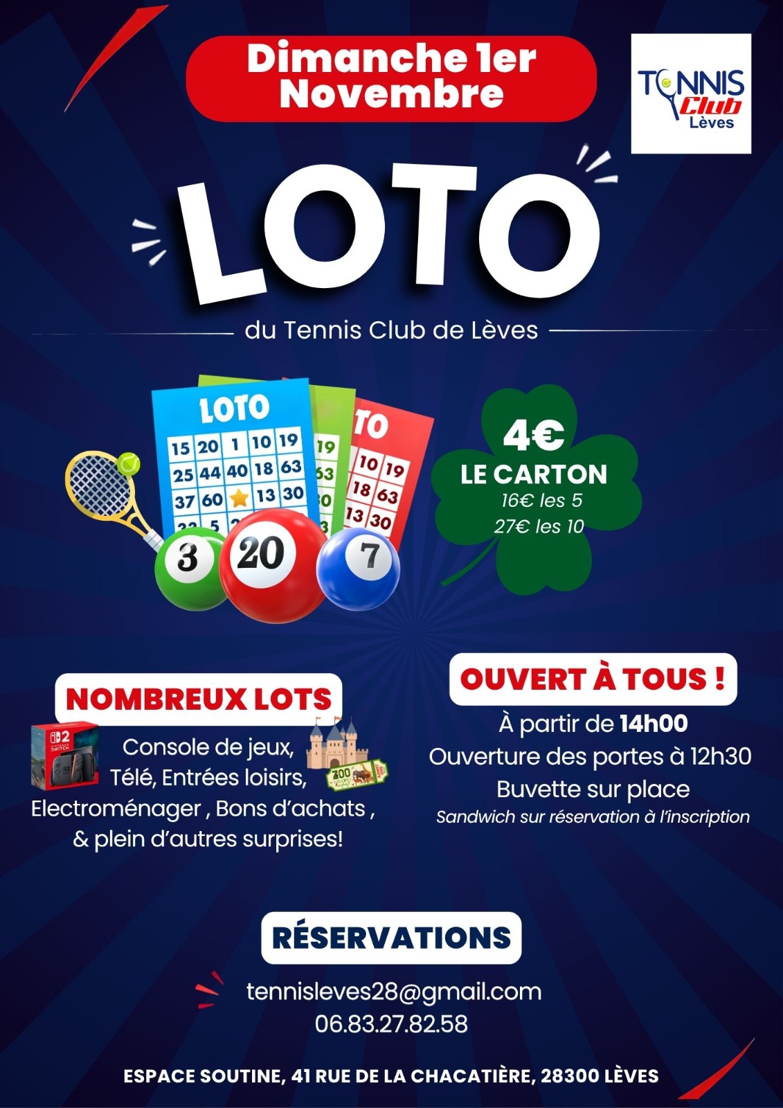 Loto du TC Lèves le 1er novembre 2026 à l’Espace Soutine