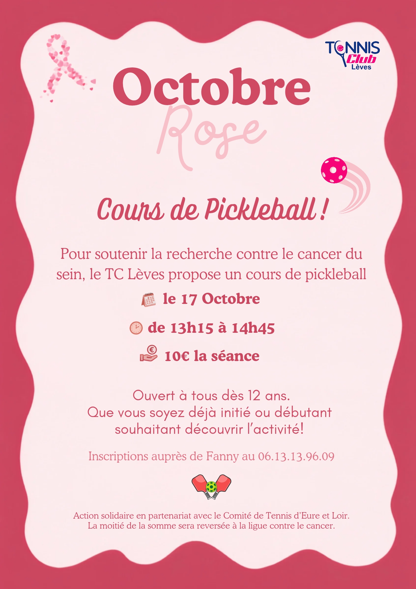 Pickleball solidaire le 17 octobre 2026 de 13h15 à 14h45 à Lèves